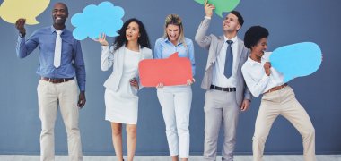 Speech bubble, group and happy business people holding comment, news and voice icon feeling excited together. Team opinion on social media with mockup space in studio blue background