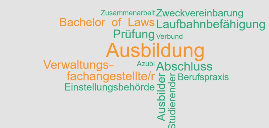 Zusehen ist ein Arrangement der Wörter Zusammenarbeit, Zweckvereinbarung, Bachelor of Laws, Laufbahnbefähigung, Prüfung, Verbund, Ausbildung, Azubi, Verwaltungsfachangestellter, Abschluss, Berufspraxis, Einstellungsbehörde, Ausbilder, Studierender. Die Wörter sind in grün und orange auf weißem Grund.